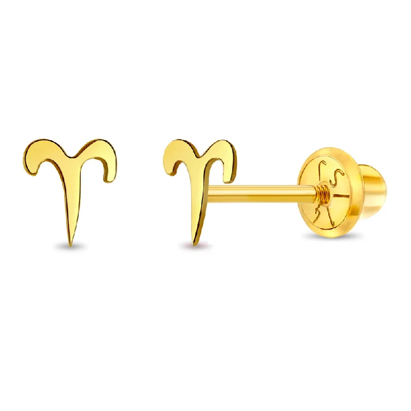 14k Gold Dainty Aries Zodiac Baby / Toddler / Kids Earrings Safety Screw Back