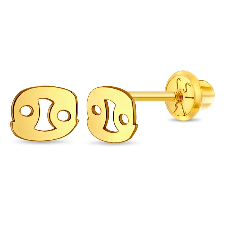 14k Gold Dainty Cancer Zodiac Baby / Toddler / Kids Earrings Safety Screw Back