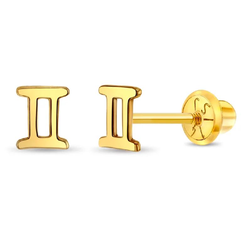 14k Gold Dainty Gemini Zodiac Baby / Toddler / Kids Earrings Safety Screw Back