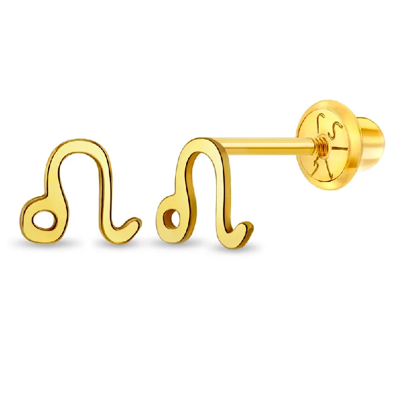 14k Gold Dainty Leo Zodiac Baby / Toddler / Kids Earrings Safety Screw Back