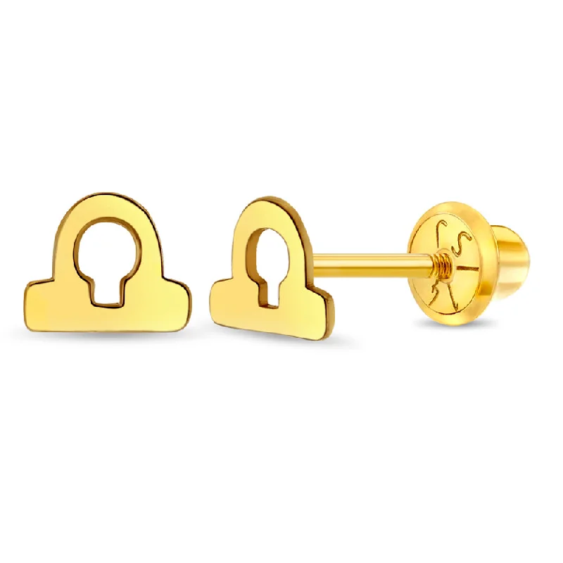 14k Gold Dainty Libra Zodiac Baby / Toddler / Kids Earrings Safety Screw Back