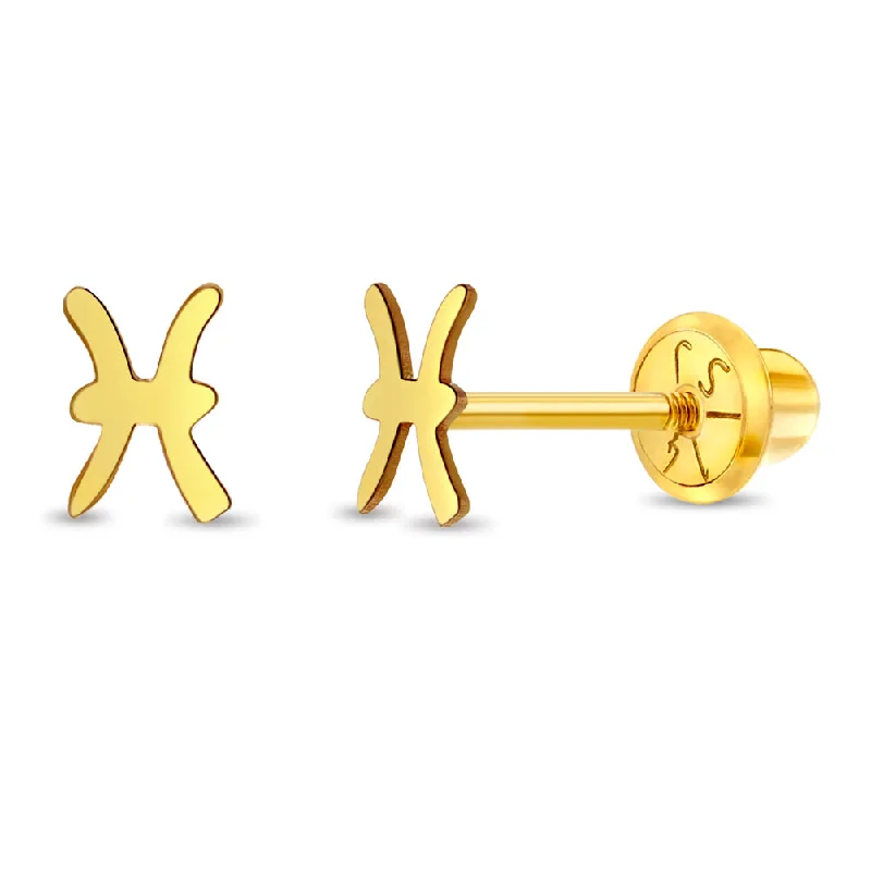 14k Gold Dainty Pisces Zodiac Baby / Toddler / Kids Earrings Safety Screw Back