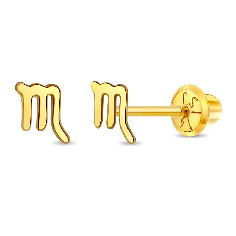 14k Gold Dainty Scorpio Zodiac Baby / Toddler / Kids Earrings Safety Screw Back