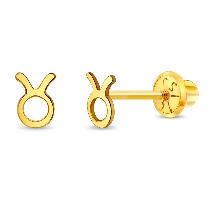 14k Gold Dainty Taurus Zodiac Baby / Toddler / Kids Earrings Safety Screw Back