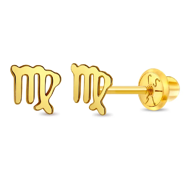 14k Gold Dainty Virgo Zodiac Baby / Toddler / Kids Earrings Safety Screw Back