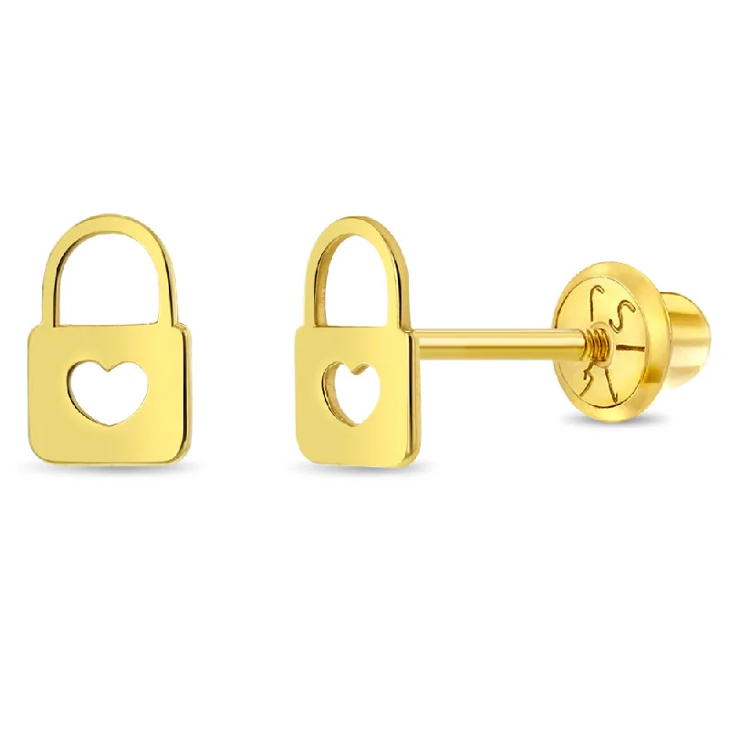 14k Gold Heart Lock Kids / Children's / Girls Safety Screw Back Earrings