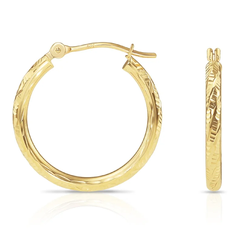 14K Yellow Gold Hoop Earrings with Hand Engraved Tornado Design, 2mm Thin, All Sizes