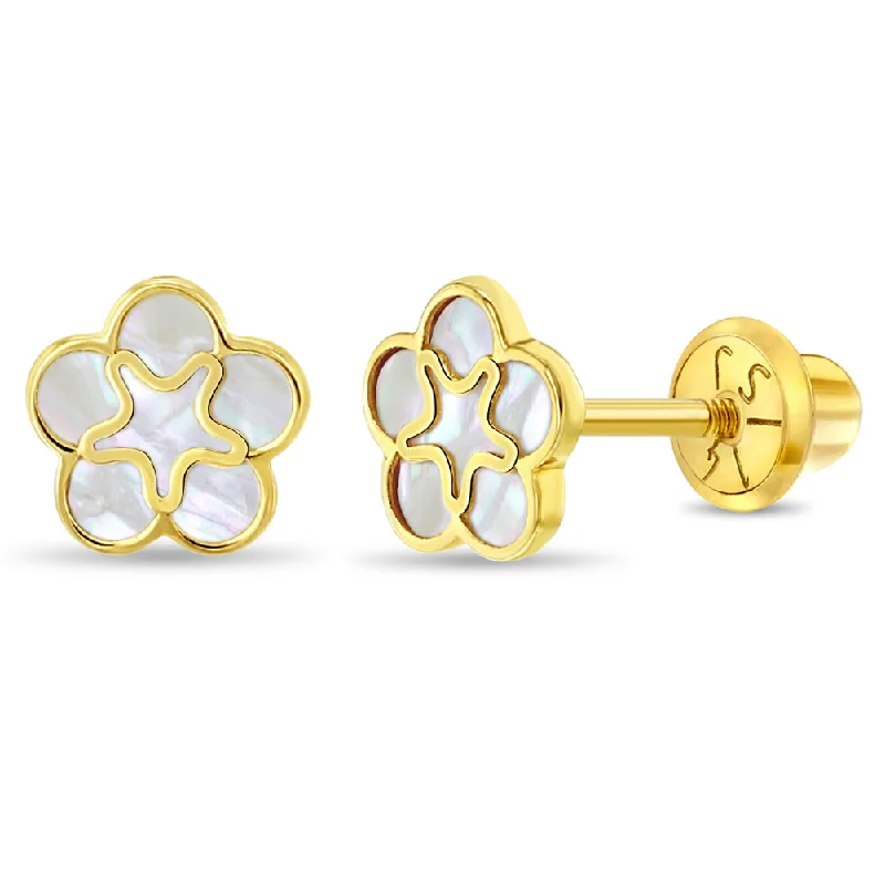 14k Gold Mother of Pearl Flower Toddler / Kids / Girls Earrings Safety Screw Back