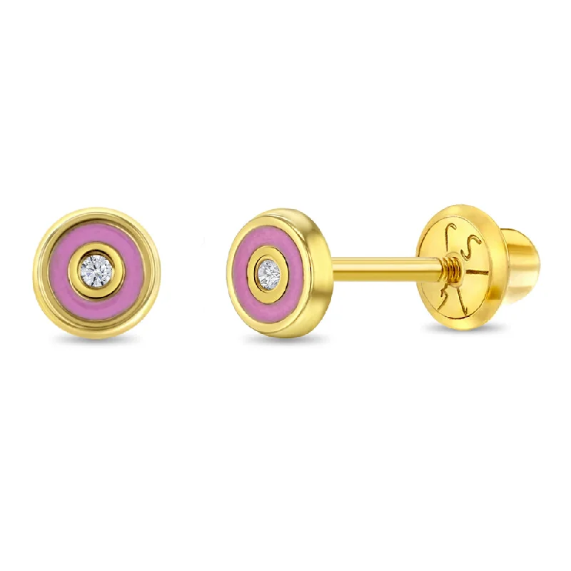 14k Gold Pink Donut Baby / Toddler / Kids Earrings Safety Screw Back Enamel