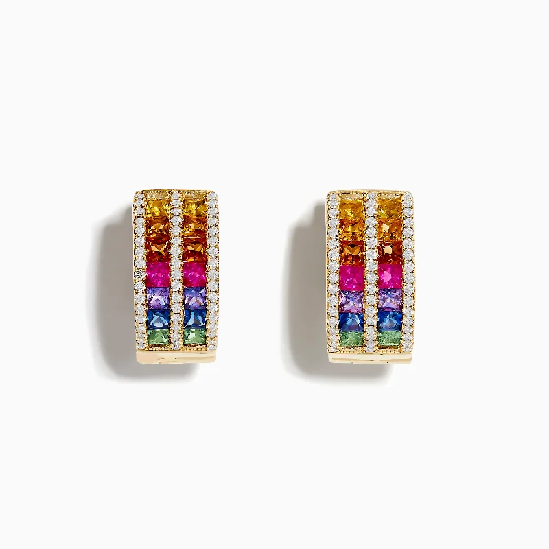 14K Yellow Gold Multi Color Sapphire and Diamond Hoop Earrings