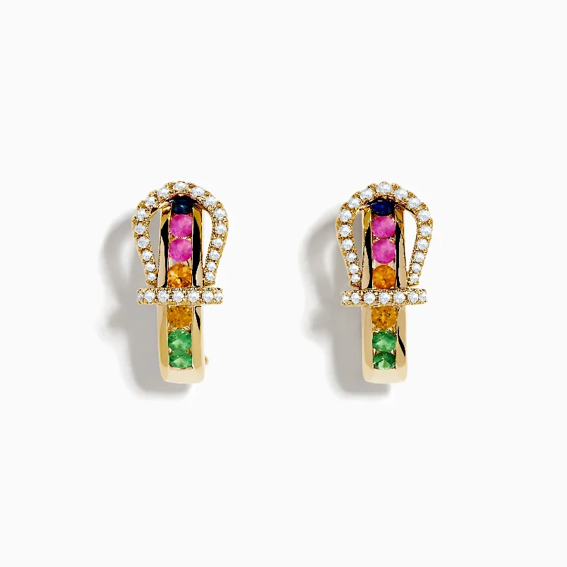 14K Yellow Gold Multi Color Sapphire and Diamond Horseshoe Earrings