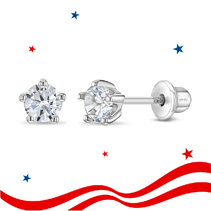 Classic CZ Birthstone Solitaire 4mm April Diamond Aries Baby / Toddler / Kids Earrings Screw Back - Sterling Silver