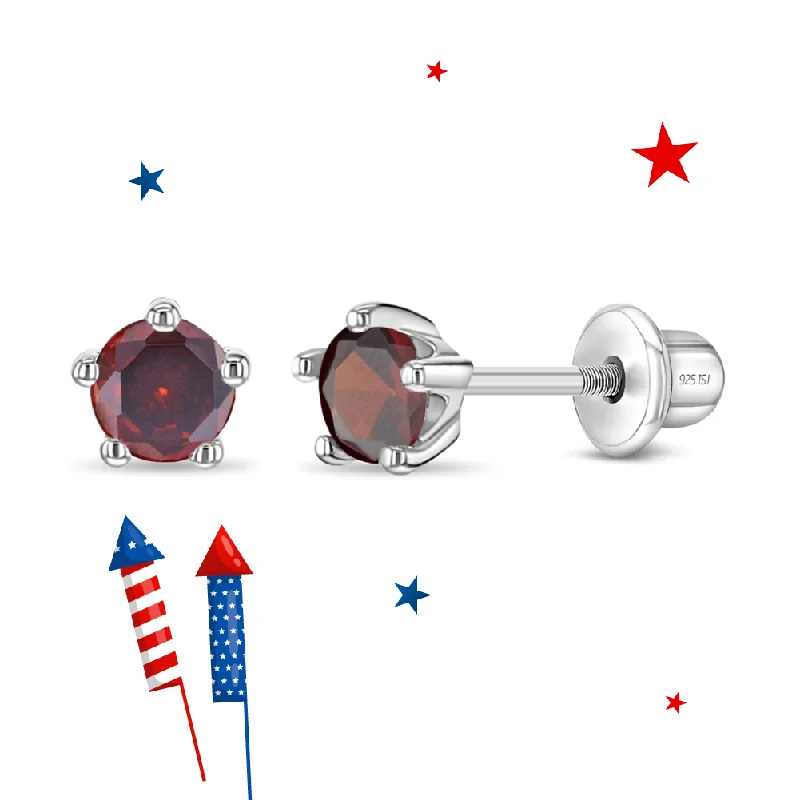 Classic CZ Birthstone Solitaire 4mm January Garnet Capricorn Baby / Toddler / Kids Earrings Screw Back - Sterling Silver