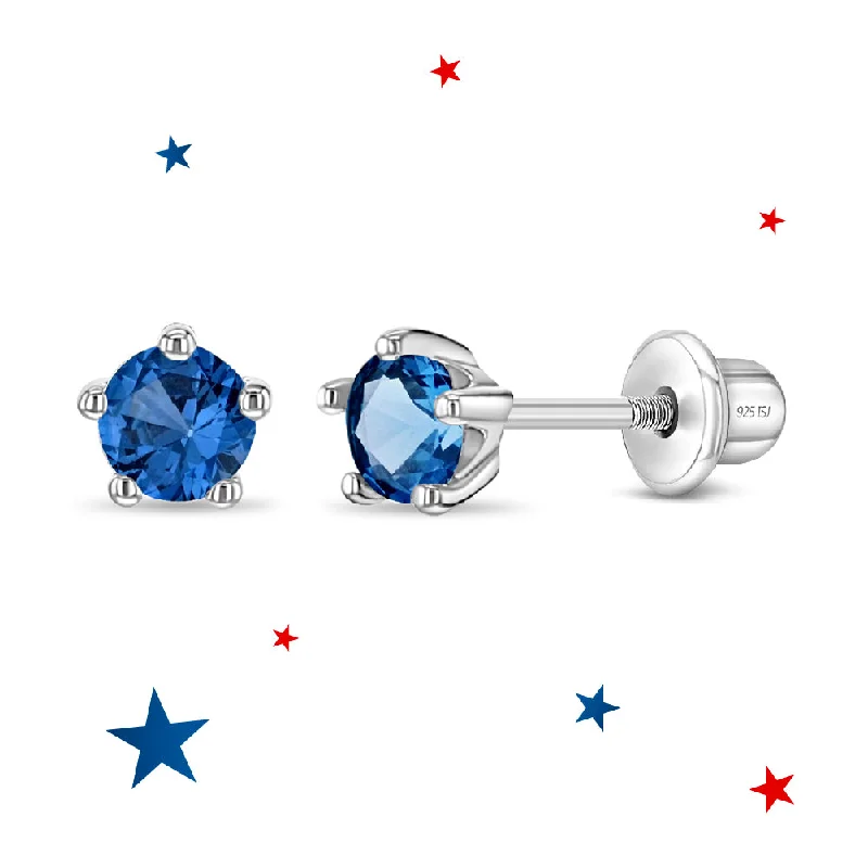 Classic CZ Birthstone Solitaire 4mm September Blue Sapphire Virgo Baby / Toddler / Kids Earrings Screw Back - Sterling Silver