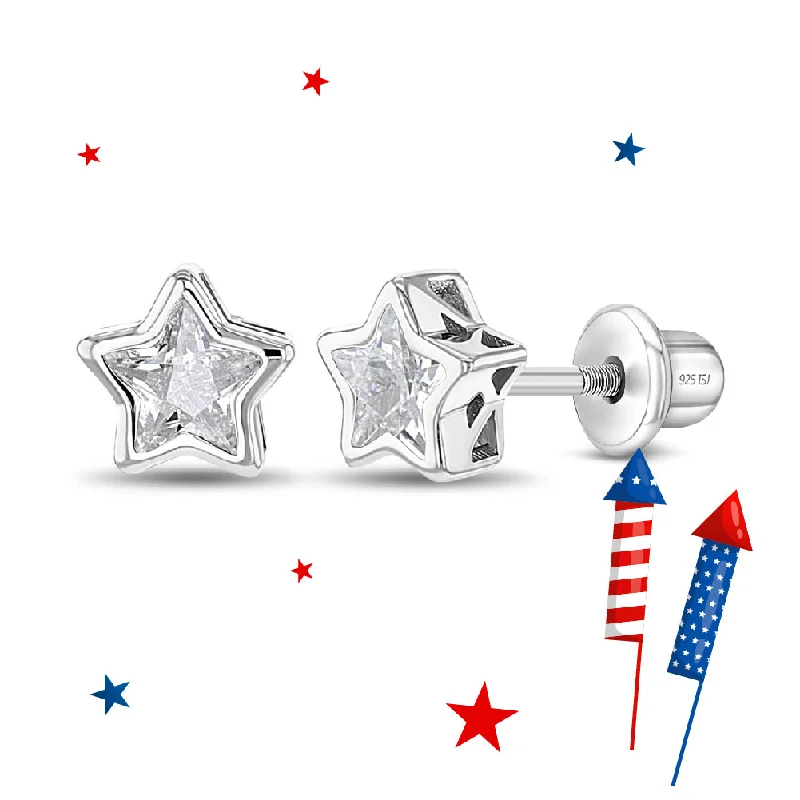 CZ Birthstone Star Simulated Diamond Kids / Children's / Girls Earrings Screw Back - Sterling Silver