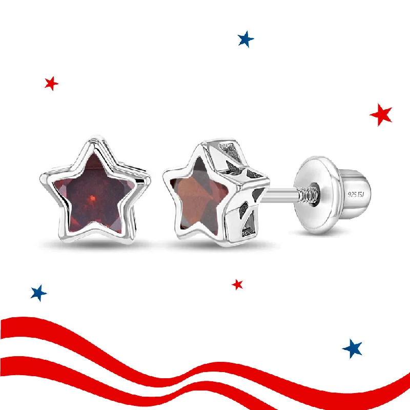 CZ Birthstone Star Simulated Garnet Kids / Children's / Girls Earrings Screw Back - Sterling Silver