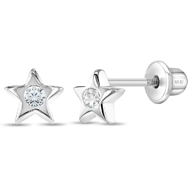 CZ Star Clear Baby / Toddler / Kids Earrings Screw Back - Sterling Silver