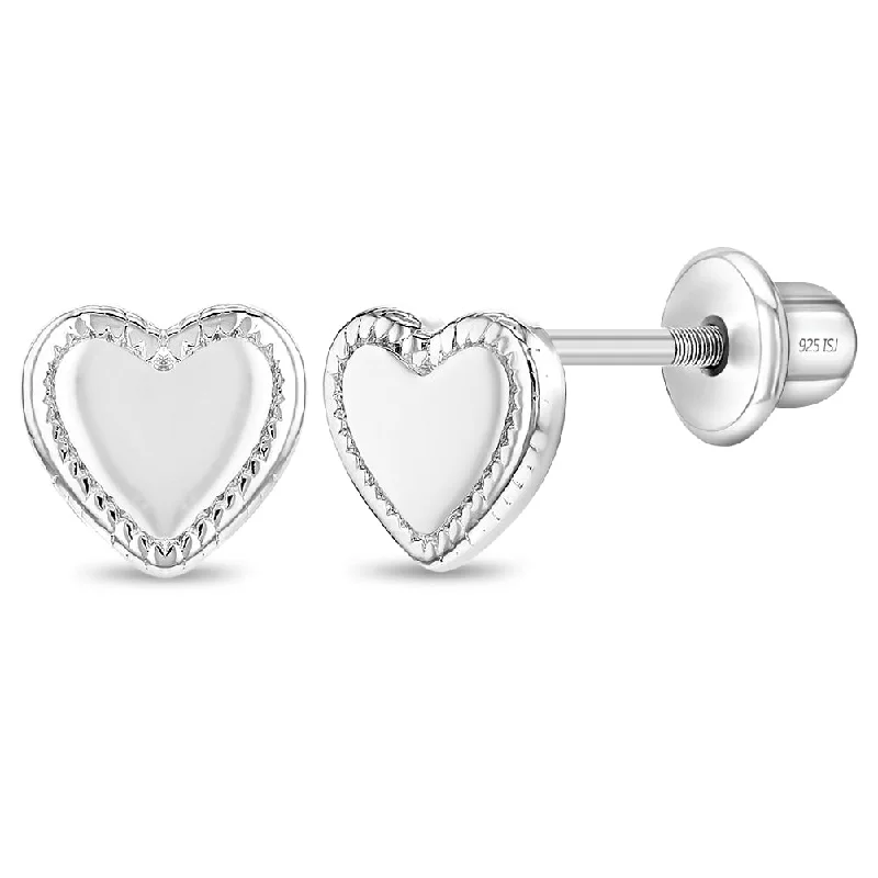 Detailed Polish Heart Baby / Toddler / Kids Earrings Screw Back - Sterling Silver