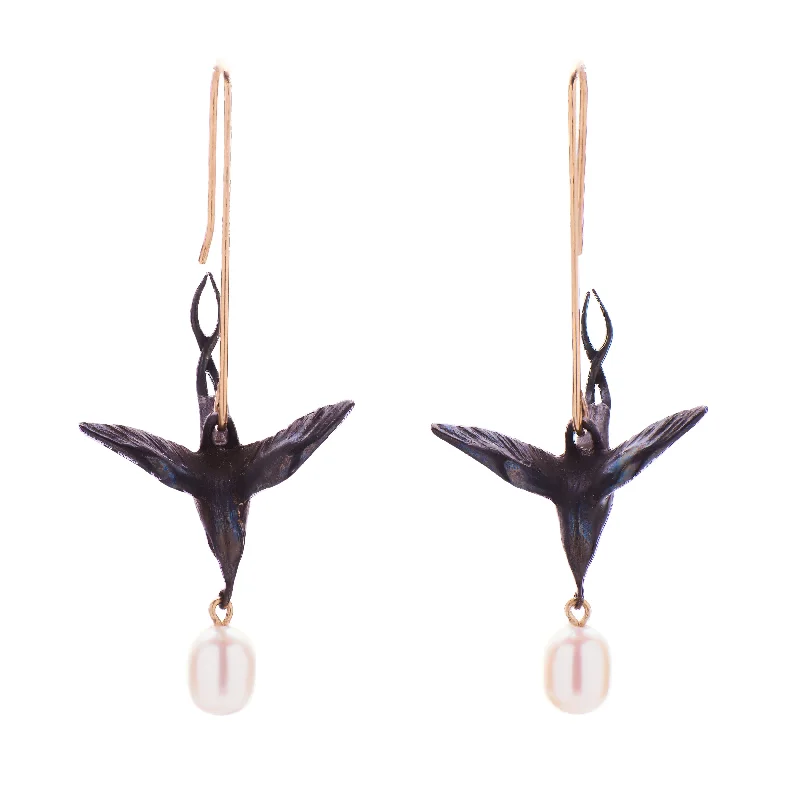 Gabriella Kiss Oxidized Bronze Flying Birds with White Pearl Earrings