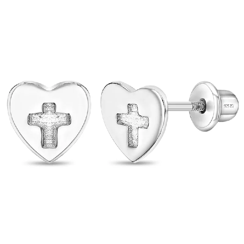 Heart & Cross Cutout Baby / Toddler / Kids Earrings Screw Back - Sterling Silver