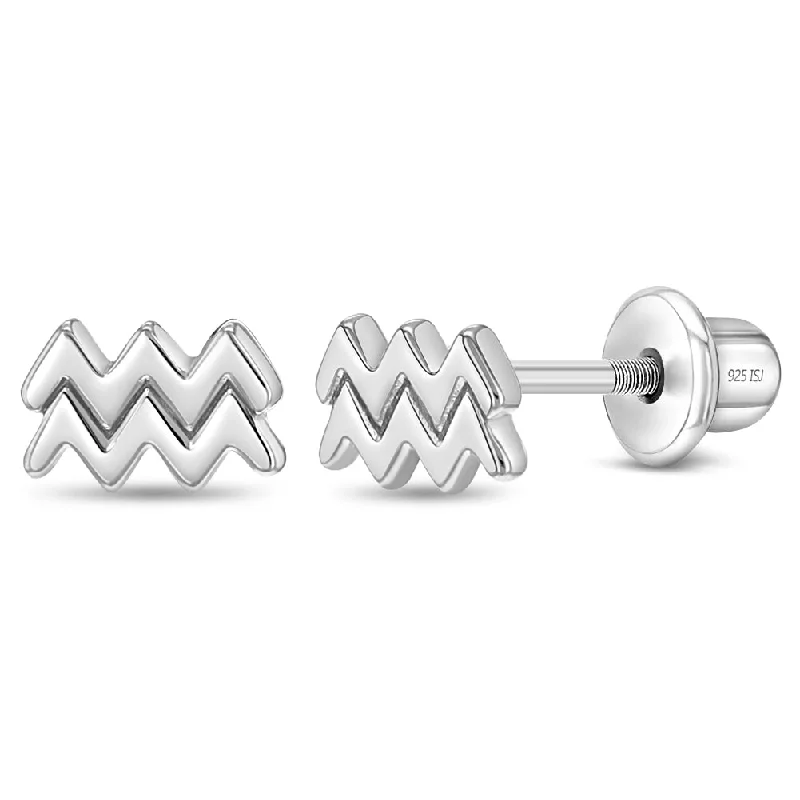 Polished Zodiac Aquarius Kids / Children's / Girls Earrings Screw Back - Sterling Silver