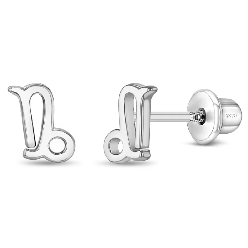 Polished Zodiac Capricorn Kids / Children's / Girls Earrings Screw Back - Sterling Silver