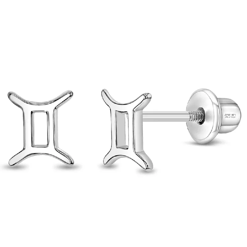 Polished Zodiac Gemini Kids / Children's / Girls Earrings Screw Back - Sterling Silver