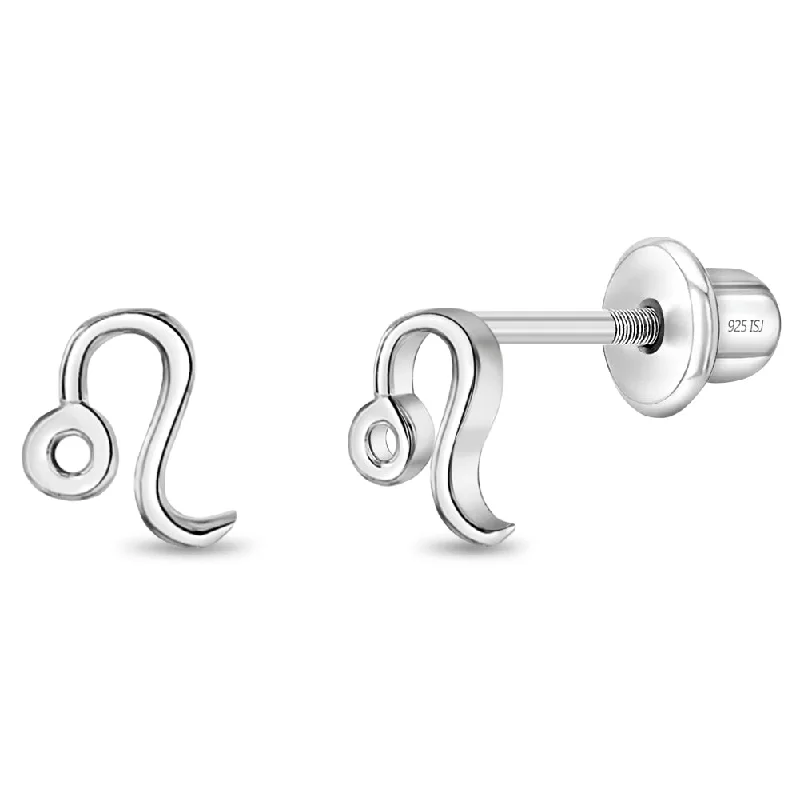 Polished Zodiac Leo Kids / Children's / Girls Earrings Screw Back - Sterling Silver