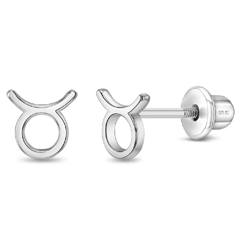 Polished Zodiac Taurus Kids / Children's / Girls Earrings Screw Back - Sterling Silver