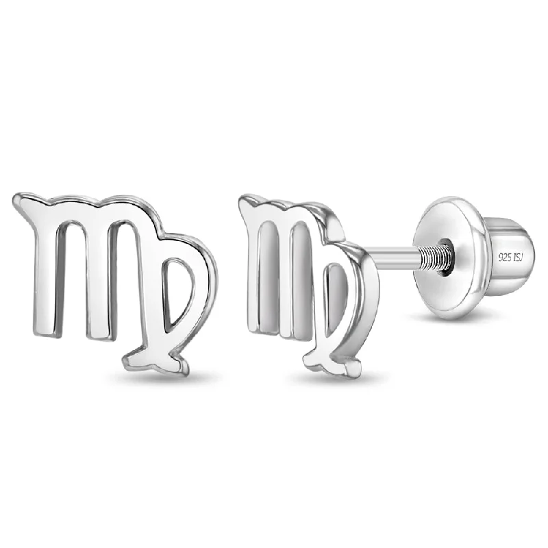 Polished Zodiac Virgo Kids / Children's / Girls Earrings Screw Back - Sterling Silver