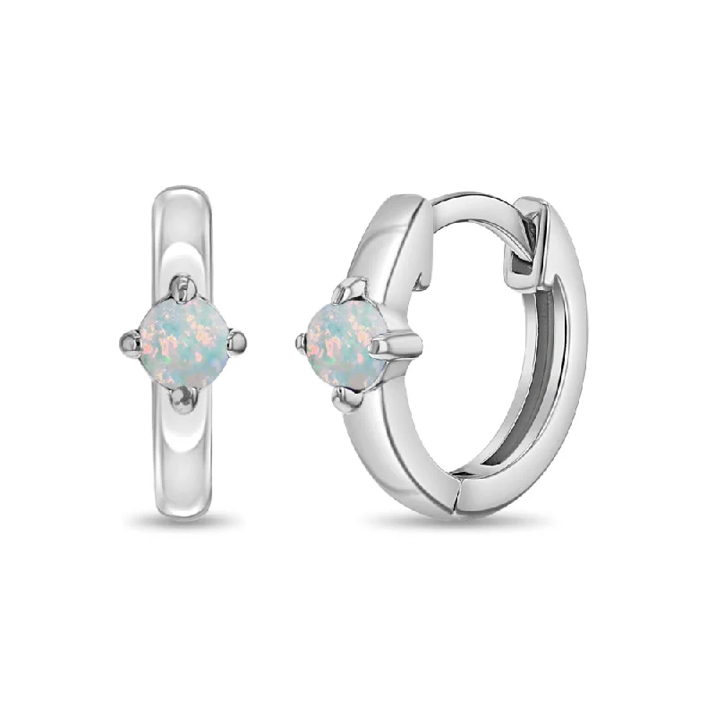 Single Prong Set Opal Hoop Earrings - Sterling Silver