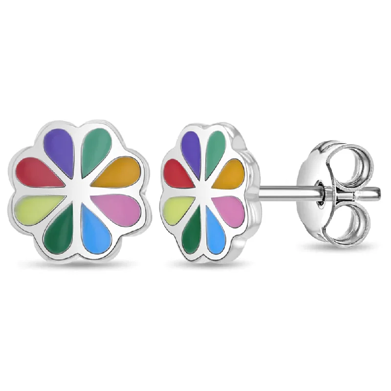 Vibrant Floral Kids / Children's / Girls Earrings Enamel - Sterling Silver