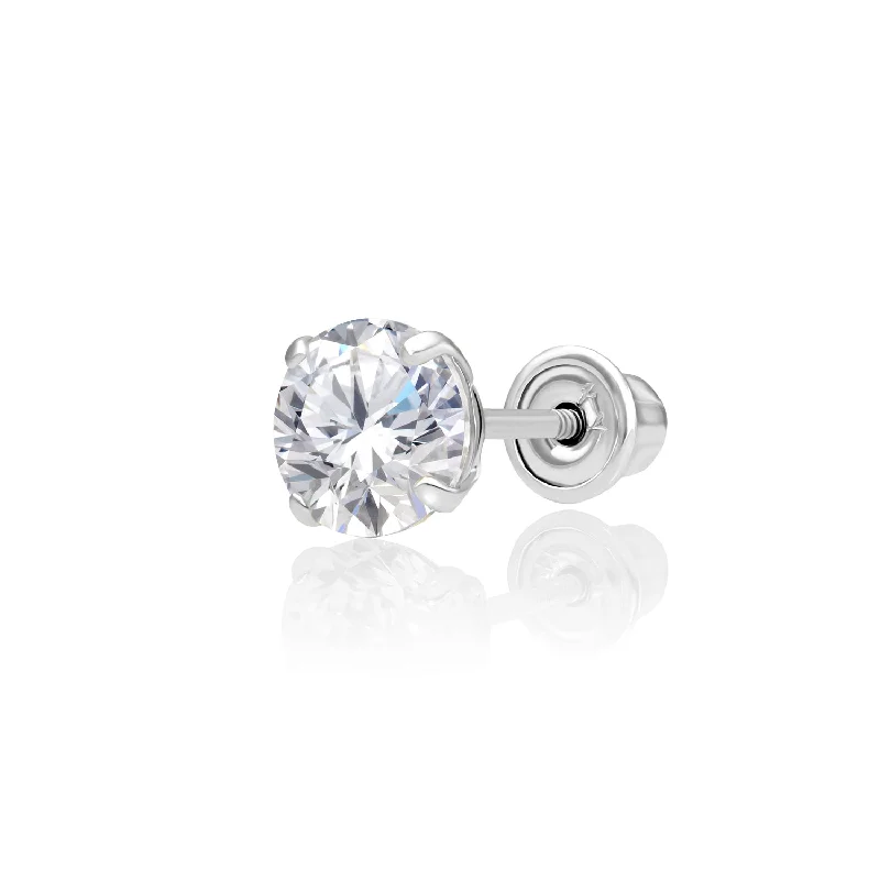 14k White Gold Classic Zirconia Solitaire Stud, Single Earring, Screwback (Unisex)