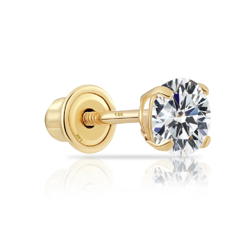 14k Yellow Gold Solitaire Zirconia Stud, Single Earring (Unisex)