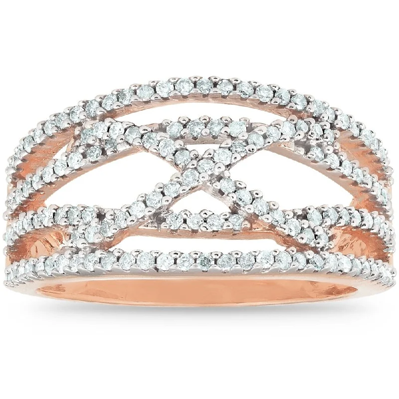 1/2 Ct Diamond Multi Row Crossover Right Hand Cocktail Ring 10k Rose Gold