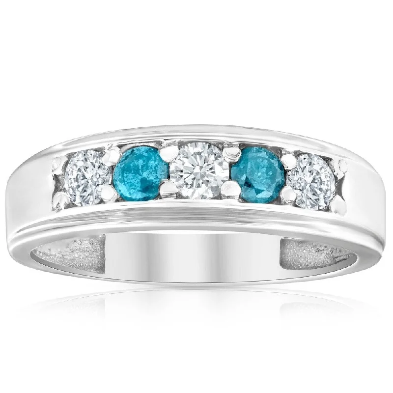 1 Ct T.W. Blue & White Diamond Mens Wedding Ring 5-Stone Anniversary White Gold