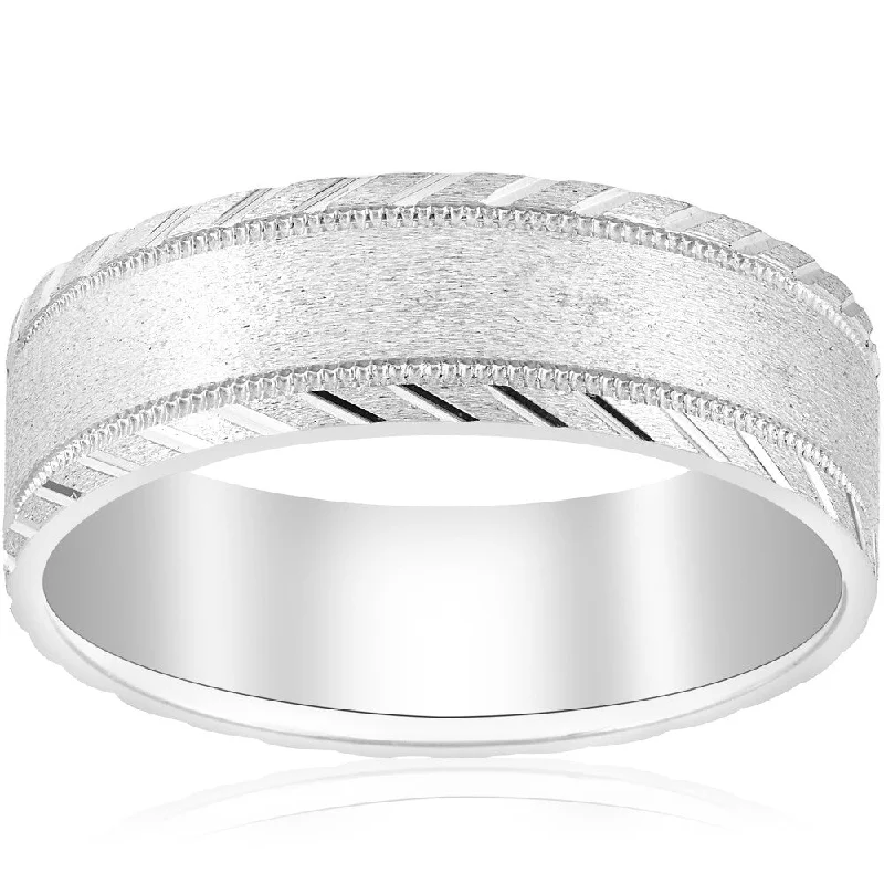 10k White Gold Mens Band 7mm Flat Brushed Polished Cuts Comfort Fit Wedding Ring