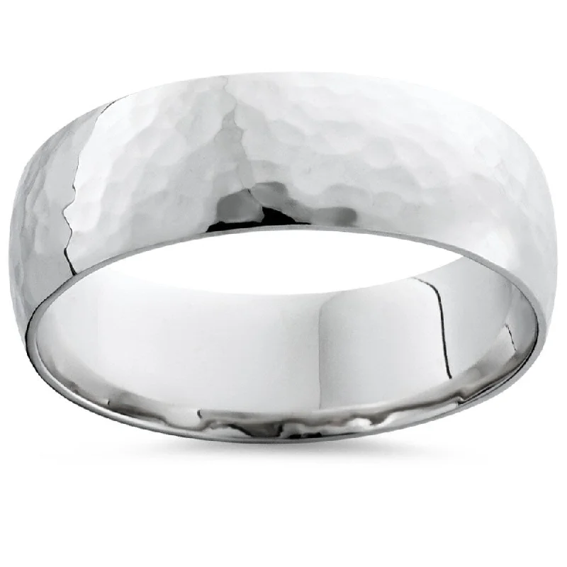 14k White Gold Men's 7mm Hammered Wedding Band