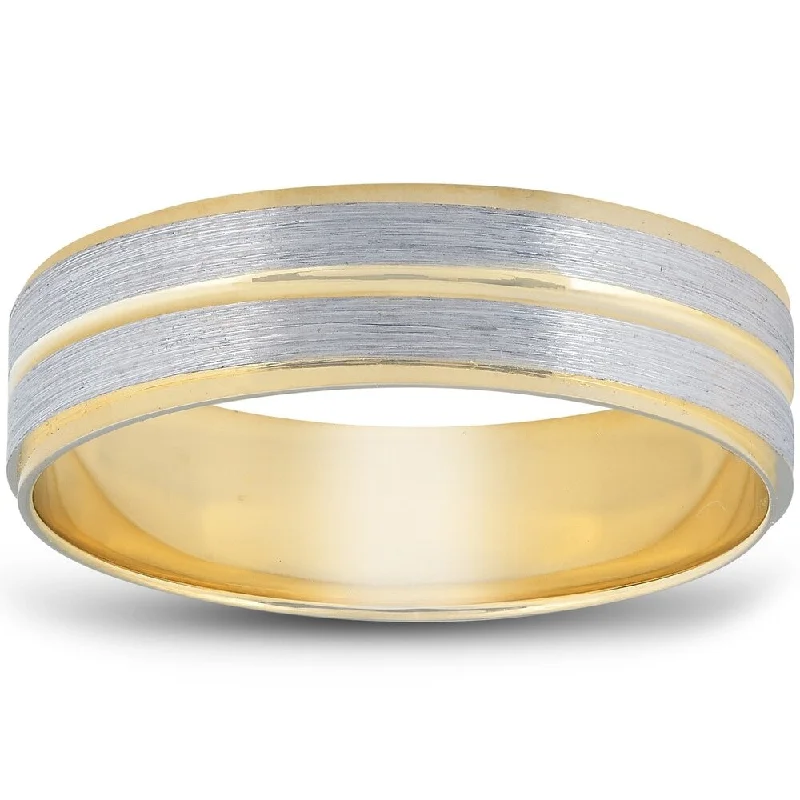 14k White & Yellow Gold Two Tone 6mm Flat Brushed Wedding Band Mens Ring