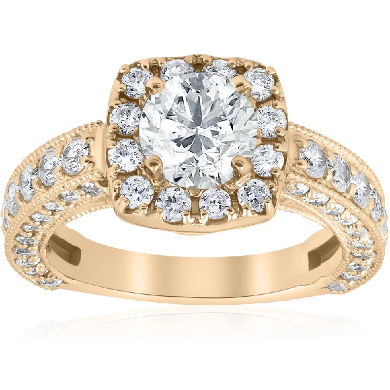 14K Yellow Gold 2 1/3 ct TDW Diamond Clarity Enhanced Vintage Cushion Halo Engagement Antique Style Ring (I-J,I2-I3)