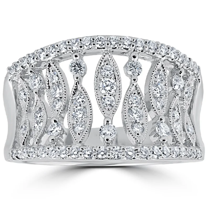 18k White Gold 3/4 ct TDW Diamond Pave Multi Row Right Hand Knuckle Anniversary Ring - White F