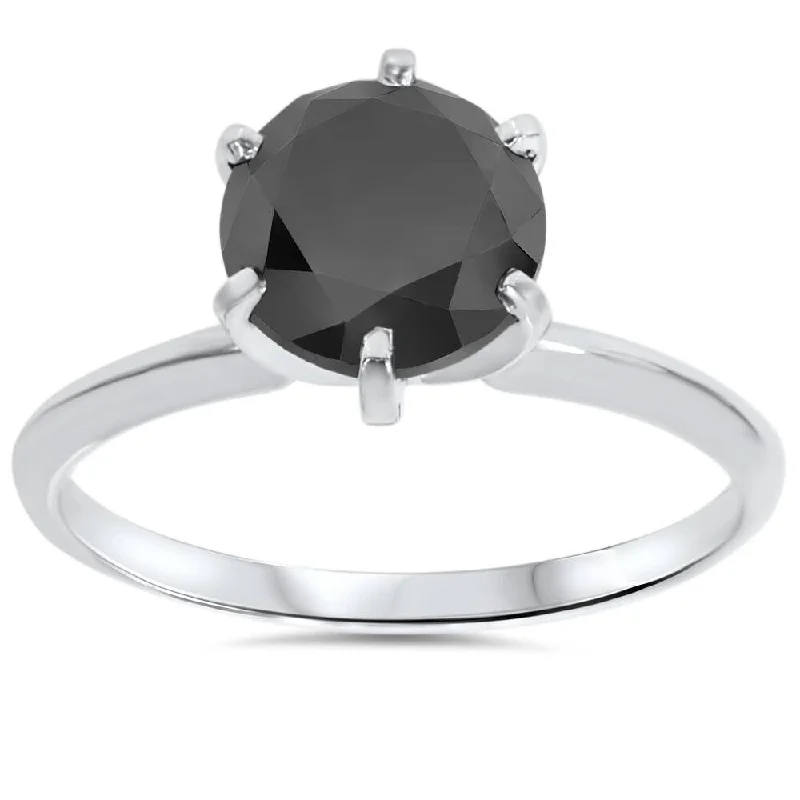 2 1/2ct Black Diamond Solitaire Ring 14K White Gold