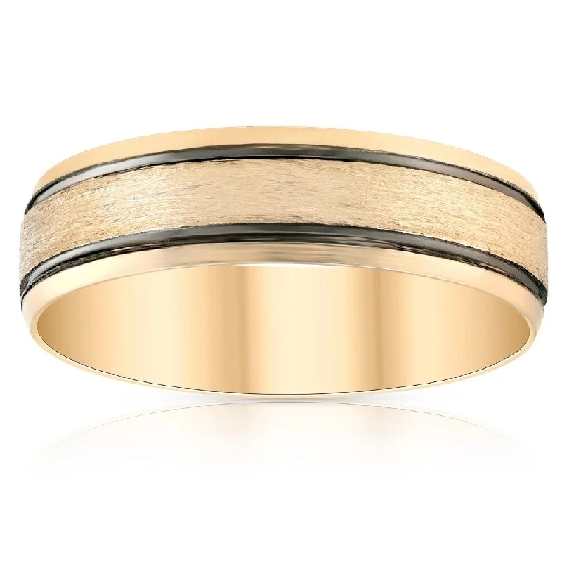 6mm 10k Yellow Gold Mens Brushed Black Inlay Wedding Band