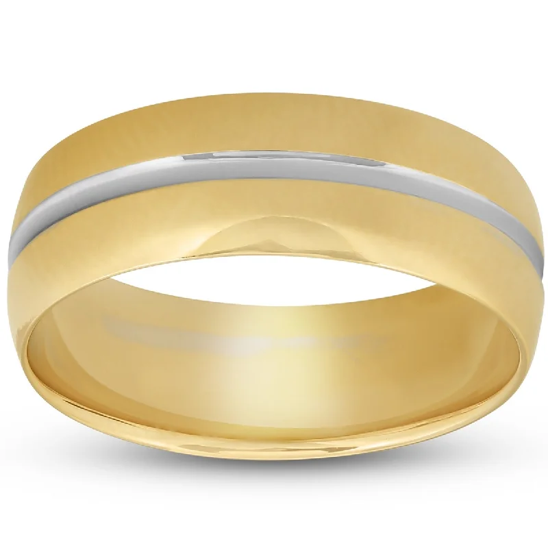 8MM Mens 14k Yellow Gold Ring Two Tone Brushed Wedding Band