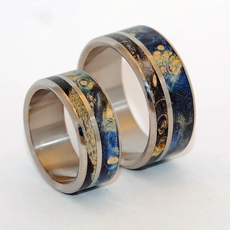 Always Within Your Reach | Titanium & Blue Wood Wedding Ring Set