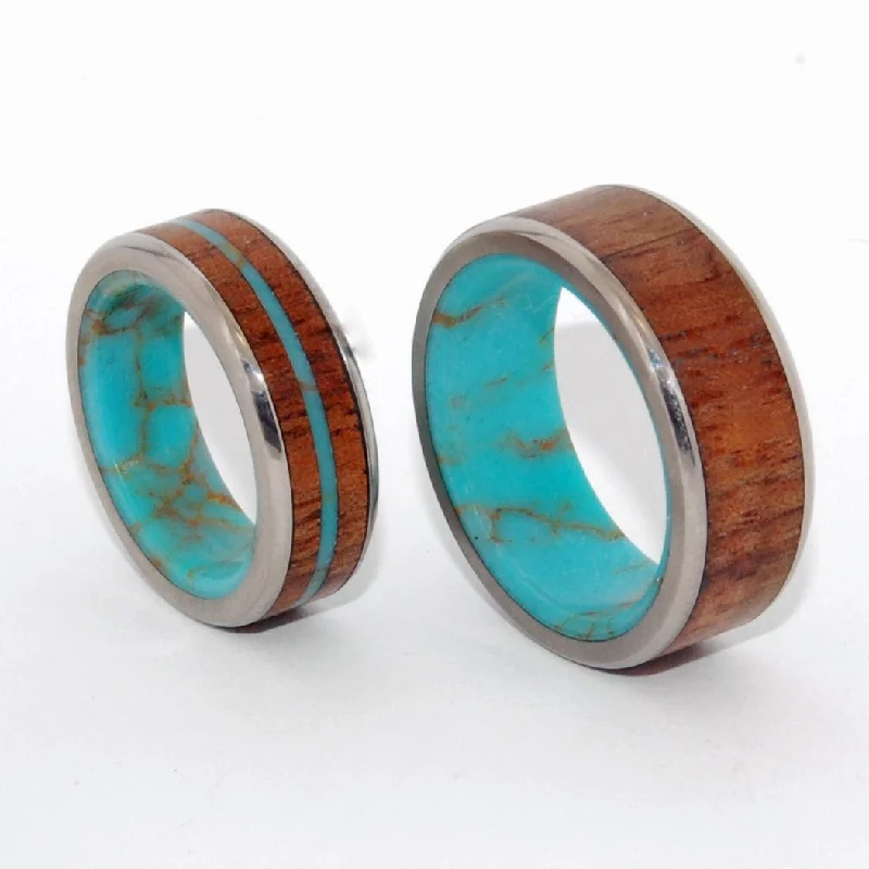 Let There Be | Turquoise Stone, Hawaiian Koa Wood & Titanium - Unique Wedding Ring Set