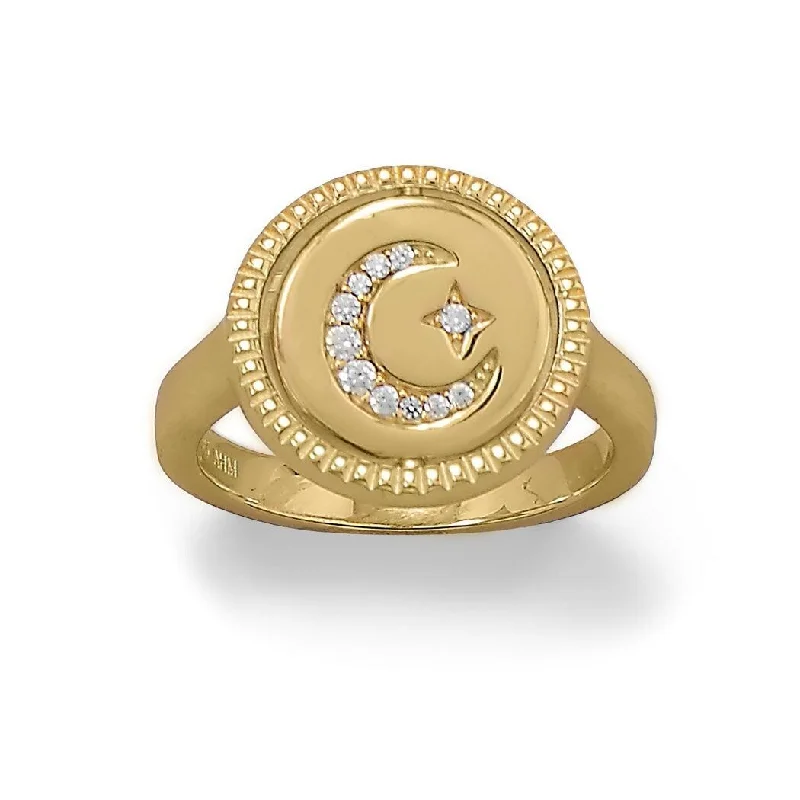 Curata 14k Gold Plated 925 Sterling Silver Reversible CZ Star and Moon Ring