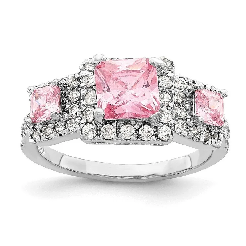 Curata 925 Sterling Silver Polished Open back Pink Square CZ Cubic Zirconia Simulated Diamond Ring