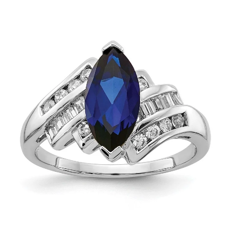 Curata 925 Sterling Silver Polished Open back Simulated Blue Sapphire and Cubic Zirconia Marquise Ring