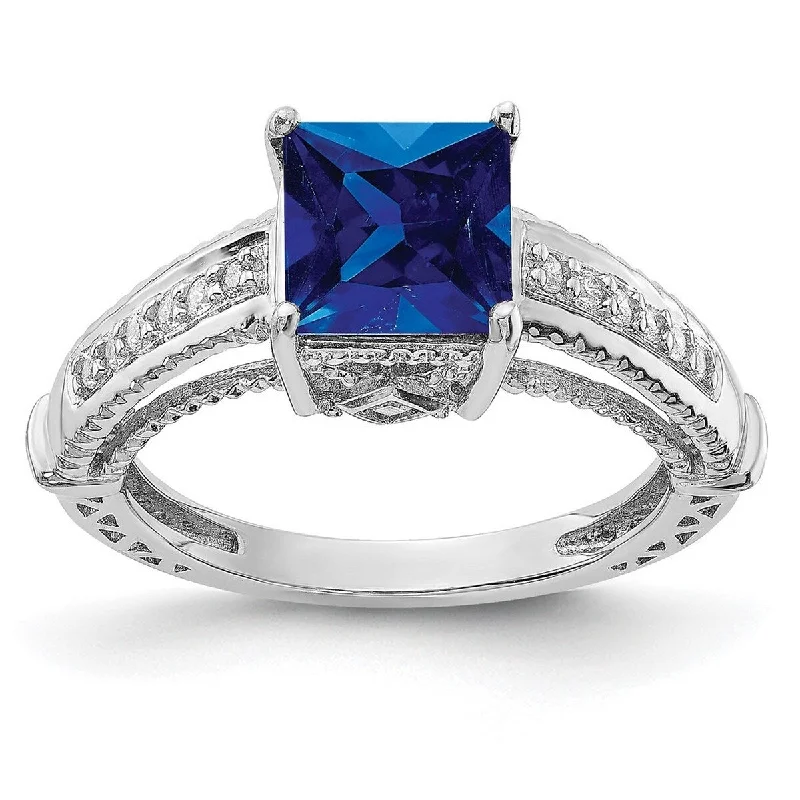 Curata 925 Sterling Silver Polished Open back Simulated Blue Sapphire and Cubic Zirconia Ring